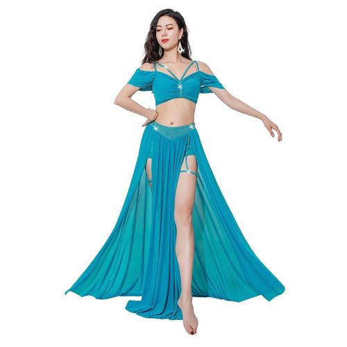 Costumes De Danse Du Ventre Pour Femmes,Vêtements D'entraînement 2 Pièces,Jupe En Gaze,Fendue Sur Le Côté,Biscuits Brillants,Initiés Financièrement