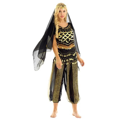 Costume De Brevdu Ventre Pour Femme,Pièces De Monnaie,Soutien-Gorge À Pompon,Haut Avec Pantalon Sarouel,Écharpe De Hanche,Tenue Pour Robe De Barrage,Rave Party,Performance Sur Scène