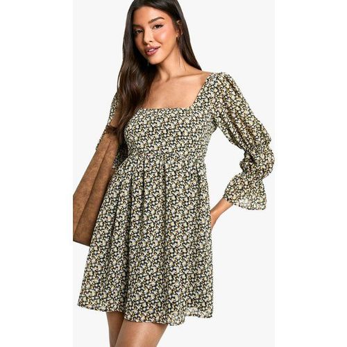Robe Babydoll Fleurie À Manches Bouffantes - Noir - 40
