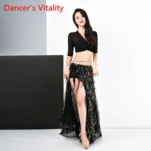 Vêtement D'exercice De Danse Du Ventre Pour Femme,Haut À Demi-Manches En Maille Trempée,Jupe À Paillettes,Spectacle Bref,M,L,2 Pièces