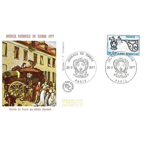France 1977, Très Belle Enveloppe 1er Jour, Timbre Yvert 1927, Journée Du Timbre, Belle Illustration Couleur Relief - Relais De Poste Au 19ème Siècle, Cachet De Paris, État Neuf.