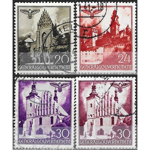 Pologne, Occupation Allemande 1940 / 42, Gouvernement General, Beaux Timbres Yvert 60 61 62 62a, Église Des Dominicains, Château De La Wavel À Cracovie, Vieille Église À Lublin, Oblitérés, Tbe.