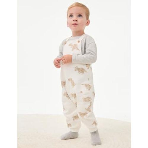 Ensemble 2 Pièces En Coton Avec Salopette À Motif Dinosaure (Jusqu'au 3 Ans) - Multicolore