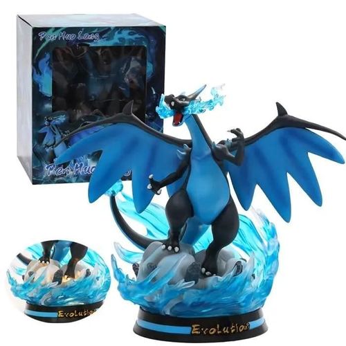Figurine Pokémon Mega Charizard X Bleu + Veilleuse Led + Boîte Personnage Anime Manga Type Feu Et Dragon Collection Modèle Statue