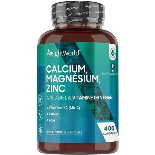 Calcium, Magnésium, Zinc, Vitamine D3 - 400 Comprimés Vegan - Complément Alimentaire Avec Vitamine K2, Sélénium - Weightworld 