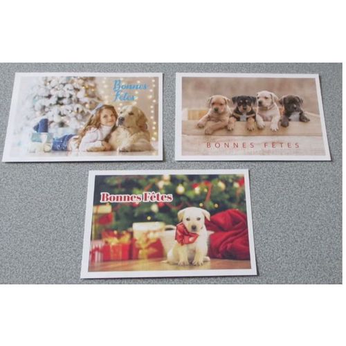 Trois cartes postales marquées Bonnes Fêtes avec décor festif de petits chiens et une fillette - 10x15cm- mention supplémentaire meilleurs voeux en braille - 90ans de l'Unadev
