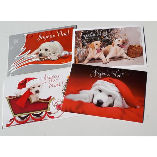 Quatre Cartes Postales Mention Joyeux Noël En Écriture Et En Braille Avec Décor Festif De Chiens Labradors, Sapins, Boules Et Paquets Cadeaux - 10x15cm - Éditées Par Unadev