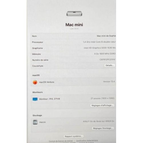 Apple Mac mini Intel Core i5 - 1.4 Ghz - Ram 4 Go - DD 500 Go