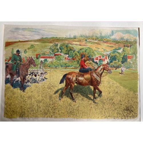 Lithographie Ancienne Femme Chevauchant En Amazone Dans Un Paysage De Campagne Ensoleillé Taille 60x40 Cm