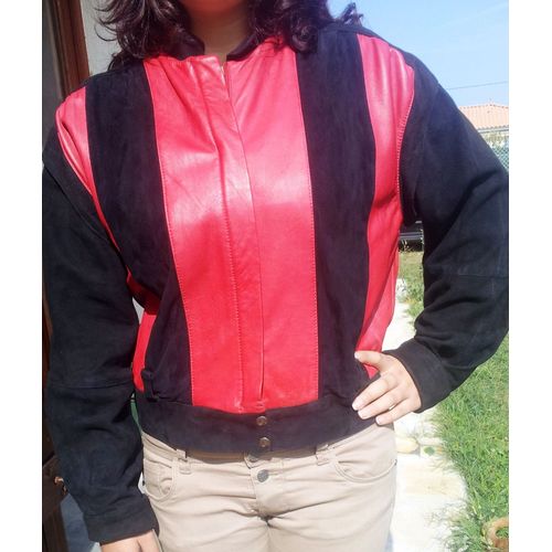 Blouson Cuir Véritable Rouge Et Noir - T. 38/40 - Vintage -