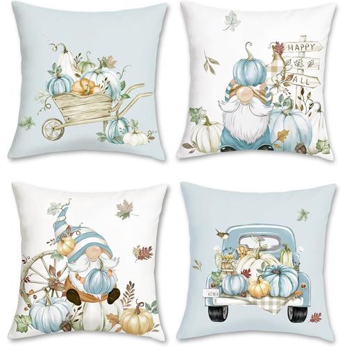 Housse De Coussin Automne 45 X 45 Cm Citrouilles Gnomes Feuilles Camion Bleu Décoratif Taie D'oreiller Pour Canapé Salon Chambre Chaise Jardin Maison Décoration 4 Pièces