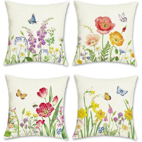 Housse De Coussin Fleurs 45 X 45 Cm Fleur De Jardin Papillon Polyester Lin Décoratif Taie D'oreiller Pour Canapé Salon Chambre Chaise Jardin Maison Décoration 4 Pièces