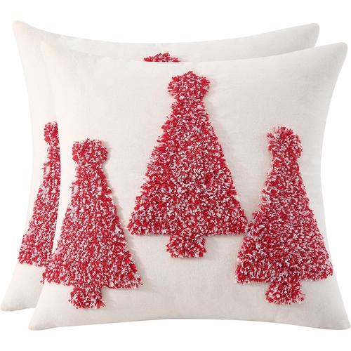 Housse De Coussin En Coton Et Lin Noël Sapin Rouge Touffeté Deco 45x 45cm Taie D'oreiller Joyeux Xmas Arbres De Noël Décorative D'hiver Pour Canapé Lit Chaise Salon Maison 2 Pièces