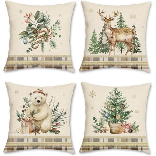 Housse De Coussin Noël Hiver Animaux 45 X 45 Cm Ours Renne Feuilles De Pin Décoratif Taie D'oreiller Pour Canapé Salon Chambre Chaise Jardin Maison Noël Décoration 4 Pièces