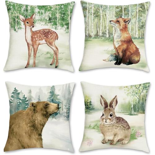 Housse De Coussin Animaux De La Forêt Cerf Renard Lapin Ours 45 X 45 Cm Polyester Lin Décoratif Enfants Taie D'oreiller Pour Canapé Salon Chambre Chaise Jardin Maison Décoration 4 Pièces