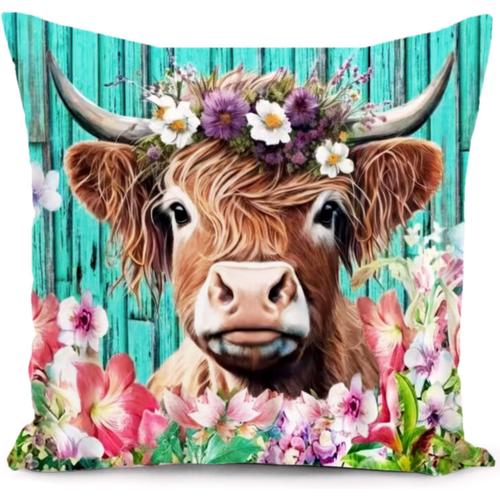 Housse De Coussin Motif Vache Highland Écossaise Pour Femme - Décoration D'intérieur Et De Jardin - Pour Salon, Canapé, Terrasse, Meubles - 40 X 40 Cm - Bleu Sarcelle