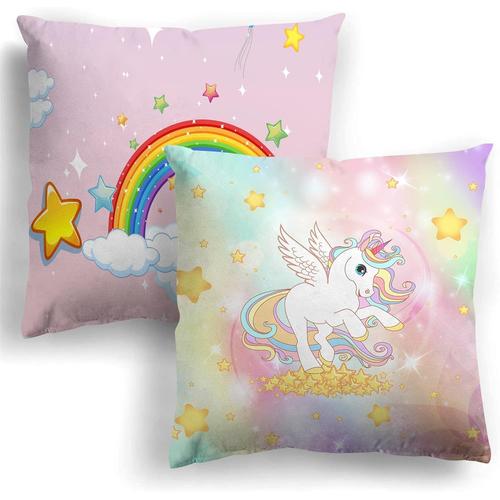 Housse De Coussin Licorne Enfant Fille Rose 2 Taies D'oreiller 45x45 En Velours Avec Fermeture Éclair Pour Lit Chambre Salon Canapé Chaise Voiture Cadeau Anniversaire Fête