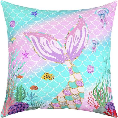 Housse De Coussin Queue De Sirène 40 X 40 Cm - En Écailles De Poisson - Pour Enfants Et Filles - Arc-En-Ciel - Housse De Coussin Carrée - Bleu Sarcelle