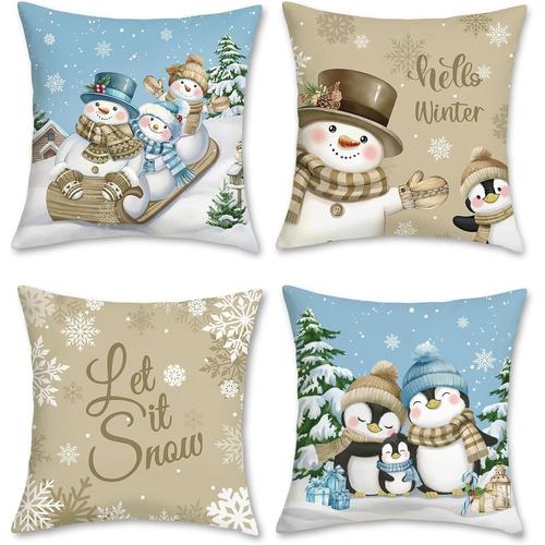 Housse De Coussin Hiver 45 X 45 Cm Bonhomme De Neige Pingouin Bleu Kaki Décoratif Taie D'oreiller Pour Canapé Salon Chambre Chaise Maison Noël Décoration 4 Pièces