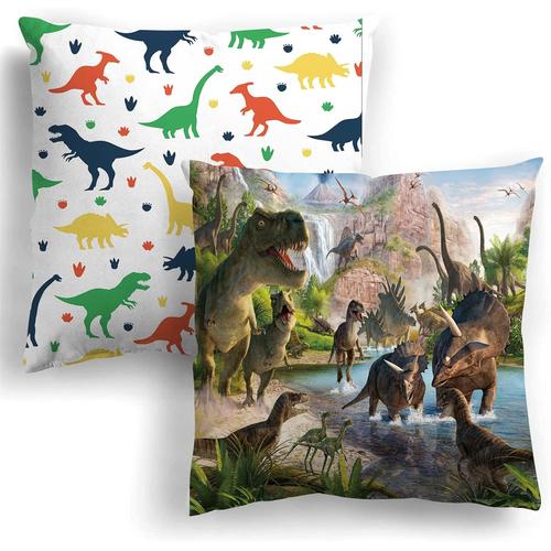 Housse De Coussin Dinosaure Enfant Garçon Fils 2 Taies D'oreiller 45x45 En Velours Lavable Fermeture Éclair Lit Chambre Salon Canapé Chaise Voiture Cadeau Anniversaire Fête