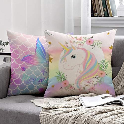 Housse De Coussin Licorne Sirène 45x45 Enfant Fille 2 Taies D'oreiller En Velours Avec Fermeture Éclair Lavable Lit Chambre Salon Canapé Chaise Voiture Cadeau Fête Anniversaire