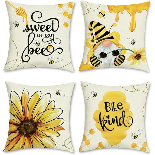 Housse De Coussin Abeille Été 45 X 45 Cm Tournesol Miel Polyester Lin Jaune Décoratif Été Taie D'oreiller Pour Canapé Salon Chambre Chaise Jardin Maison Décoration 4 Pièces