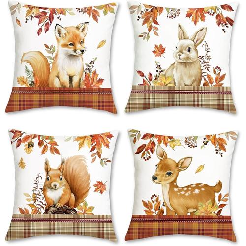 Housse De Coussin Automne Animaux 45 X 45 Cm Renard Cerf Écureuil Lapin Velours Doux Décoratif Taie D'oreiller Pour Canapé Salon Chambre Jardin Maison Décoration 4 Pièces