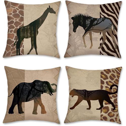 Housse De Coussin Animal Africain Léopard 50 X 50 Cm Double Face Girafe Zèbre Éléphant Polyester Lin Décoratif Taie D'oreiller Pour Canapé Salon Chambre Maison Décoration 4 Pièces