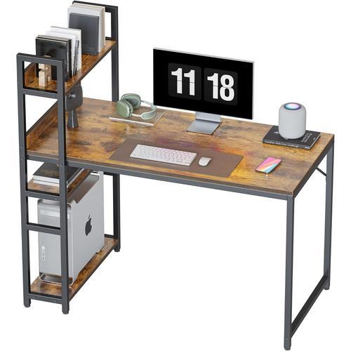 Bureau Gaming Informatique - 120*60*117 Cm Bureau Gamer Stable Barre Triangle Avec 3 Etagères Rangements Gauche Ou Droite Pour Travailler, Etudier, Jouer, Chambre Style Industriel Marron Noir