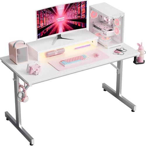 Bureau De Jeu Led Avec Support D'écran, Porte-Gobelet Et Crochet Pour Casque, Table D'ordinateur Compacte 106 Cm, Design En Fibre De Carbone Blanc Pour Bureau Ou Chambre