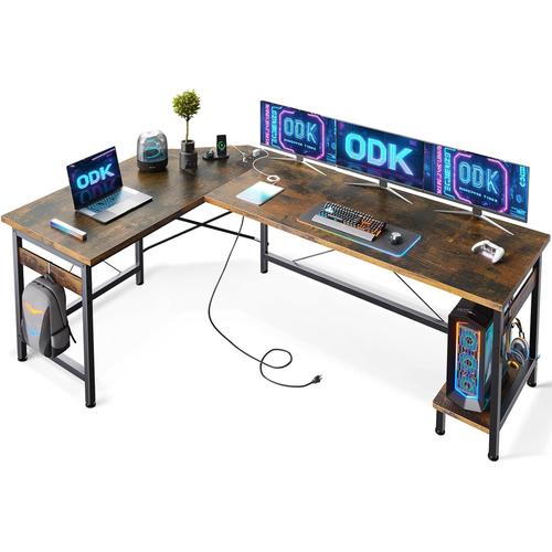 Bureau Gaming Avec Prises Et Ports Usb, Bureau D'angle Gaming Avec Support Pour Cpu, Bureau D'angle En L Pour Bureau À Domicile, Brun Vintage, 168x120cm