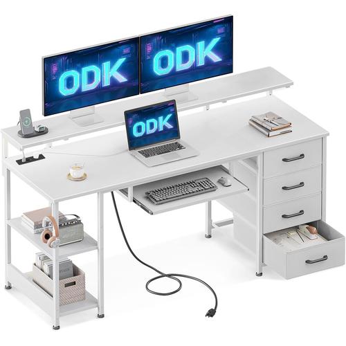 Bureau Avec 4 Tiroirs, Bureau D'ordinateur Avec Prise De Charge Usb Et Prise De Courant, Bureau Gaming Bureau Informatique Avec Étagères Réglable Pour Domicile (Blanc,140x52x92cm)