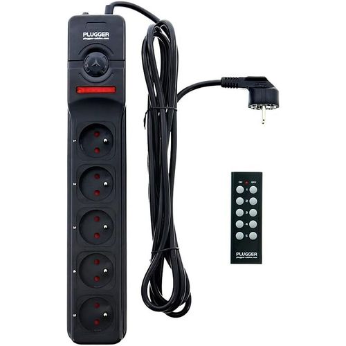 Bloc multiprise électrique noir 5 prises 16A avec terre, interrupteur, télécommande sans fil pour chaque prise, Câble de 1,4m. Puissance 2300W pour maison, bureau, home studio. Haute qualité.