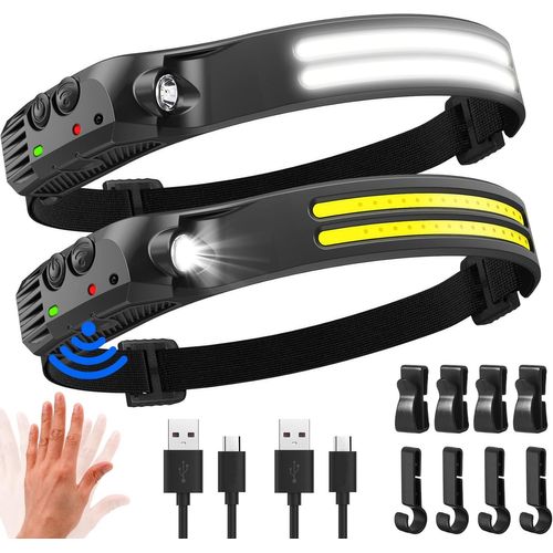 Lampe Frontale Led Ultra Puissante,2000 Lumens Éclairage 230° Torche Frontale Rechargeable Usb Capteur De Mouvement,Étanche Ipx5 Poids 0.14lb Léger,Pour Pêche,Camping,Cyclisme,Running 2 Pièces