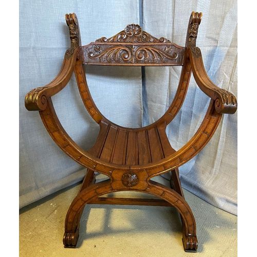 Ancien Siège Fauteuil Dagobert Curule Bois Noyer Sculpté Style Renaissance