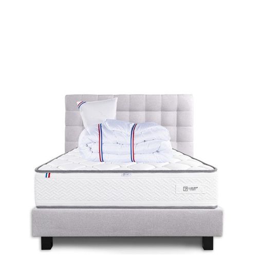 Ensemble Complet Matelas Iris (20 Cm) Ferme, Sommier Gris(20cm) , Tête De Lit, Oreiller Et Couette - Gris, 90x190cm