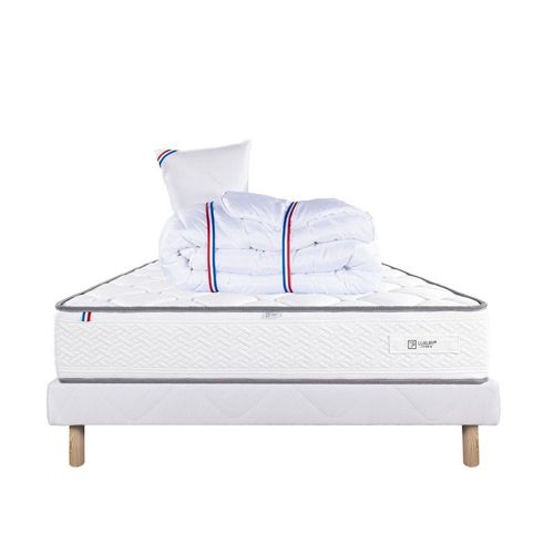 Ensemble Matelas Iris (20 Cm) Mousse Haute Densité, Ferme, Face Été/Hiver, Sommier Blanc (13cm), Oreiller Et Couette - Blanc, 90x190cm