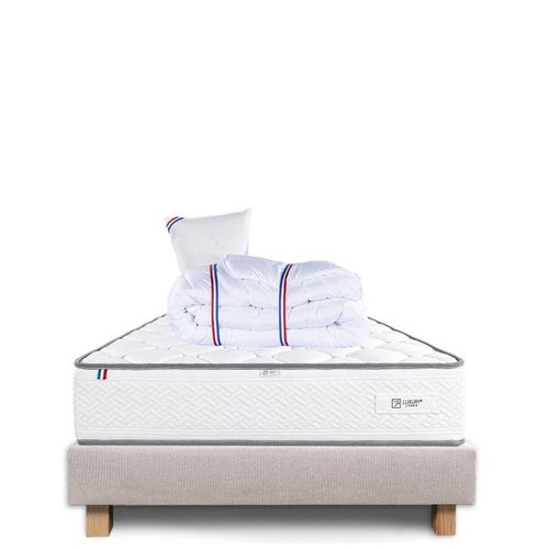 Ensemble Sommier Beige (20cm), Matelas Iris (20 Cm) Mousses Haute Densité, Ferme, Face Été/Hiver, Oreiller Et Couette - Beige, 90x190cm