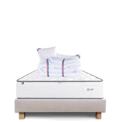 Ensemble Sommier Beige (20cm), Matelas Iris (20 Cm) Mousses Haute Densité, Ferme, Face Été/Hiver, Oreiller Et Couette - Beige, 160x200cm