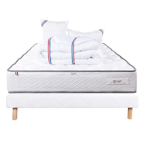 Ensemble Matelas Iris (20 Cm) Mousse Haute Densité, Ferme, Face Été/Hiver, Sommier Blanc (13cm), Oreiller Et Couette - Blanc, 160x200cm