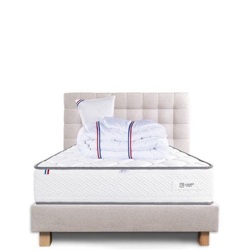 Ensemble Complet Matelas Iris (20 Cm) Ferme,Sommier Beige (20cm) , Tête De Lit,Oreiller Et Couette - Beige, 90x190cm