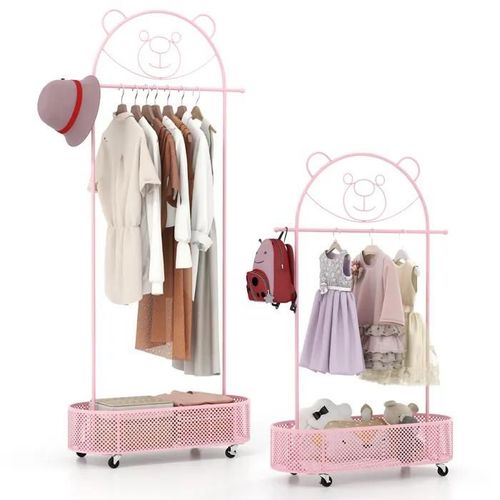 Costway Portant À Vêtements Mobile Pour Enfant 3 Hauteurs Réglables Panier De Rangement Inférieur, 4 Roulettes Dont 2 Verrouillables