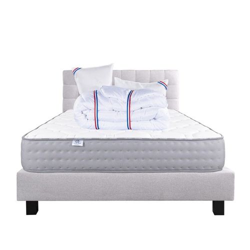 Ensemble Sommier Gris (20cm) Matelas Zen (20 Cm), Ferme, Face Été/Hiver,Oreiller,Couette Et Tête De Lit - Gris, 160x200cm