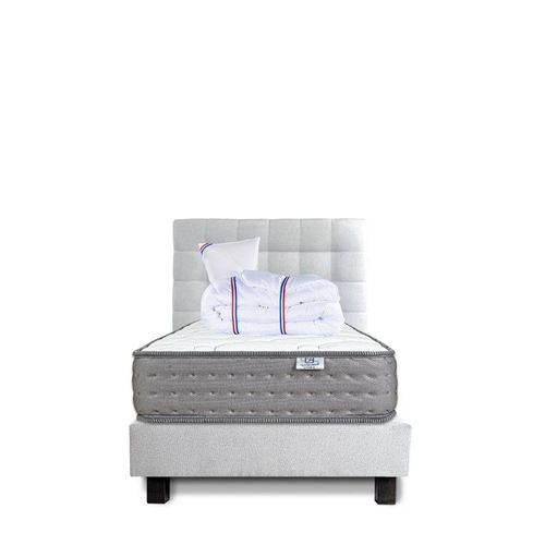 Ensemble Sommier Gris (20cm) Matelas Zen (20 Cm), Ferme, Face Été/Hiver,Oreiller,Couette Et Tête De Lit - Gris, 90x190cm