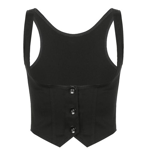 Femmes Gothique Vintage Habillé Gilet Couleur Unie Noir Dos Nageur Mini Gilet Smoking Costume Steampunk 3 Bouton Slim Pour Veste-Yh