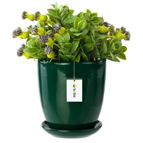 Pot De Fleur Bouteille Verte Avec Soucoupe Rond Dimensions 290 Mm X 300 Mm Surface Brillant Céramique Glamour Moderne