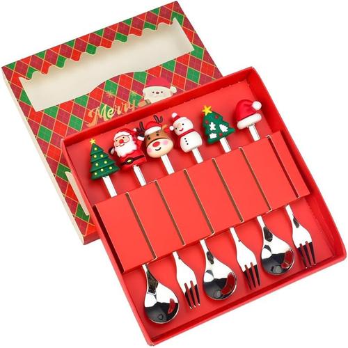 6 Pcs Cuillère Noël Et Fourchette De Noël Couverts Noël En Acier Inox Cuillère À Thé Noël Avec Coffret Cadeau Cuillère À Café Noël En Père Noël Sapin De Noël Pour Fête Dîner Dessert Thé Café