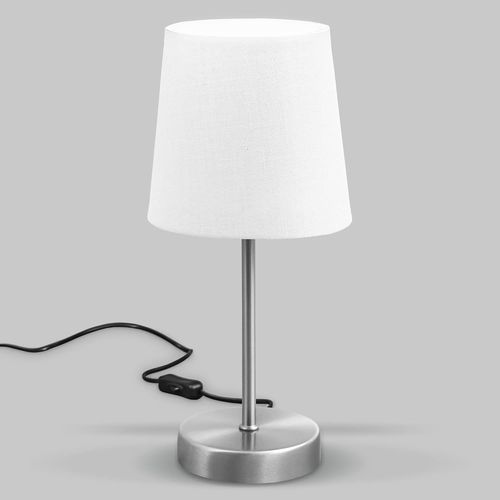Lampe De Table Design Moderne, Tissu Blanc, Pied Métal Nickel Mat, Pour Ampoule Led E14, Ip20