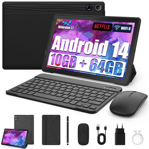 Tablet 10 Inch 8-in-1 Kit Android 14 Tablet PC with Case Keyboard Mouse Pen Headphones Power Plug Cable Octa-Core 10GB RAM 64GB ROM/1TB TF 1280x800 IPS HD Touchscreen 5000mAh Battery Widevine L1