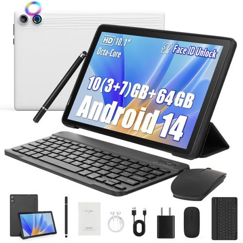 Tablet 10 Inch 8-in-1 Kit Android 14 Tablet PC with Case Keyboard Mouse Pen Headphones Power Plug Cable Octa-Core 10GB RAM 64GB ROM/1TB TF 1280x800 IPS HD Touchscreen 5000mAh Battery Widevine L1 White